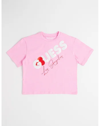 Tricou cu imprimeu logo si decolteu la baza gatului, Alb/Roz