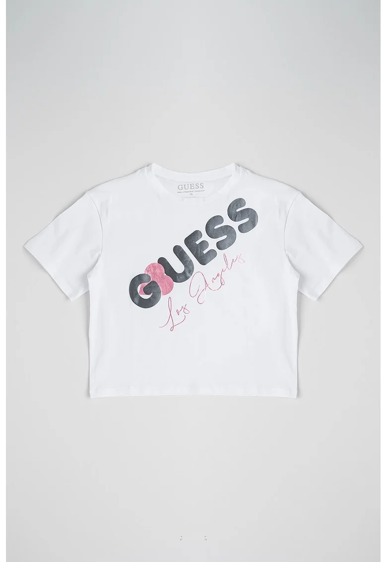 Tricou cu imprimeu logo si decolteu la baza gatului, Alb/Roz/Gri inchis
