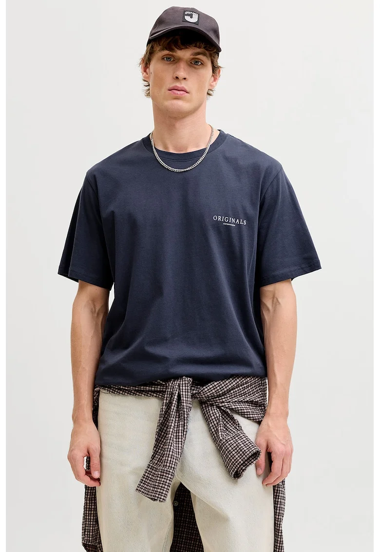Tricou din bumbac organic cu imprimeu logo pe partea din spate, Bleumarin
