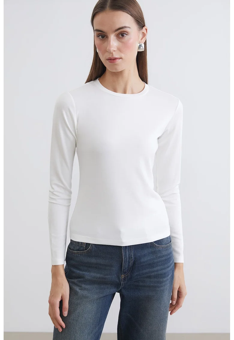 Bluza slim-fit cu model uni si decolteu la baza gatului, Gri deschis