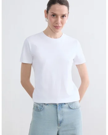 Tricou uni din bumbac cu decolteu la baza gatului, Alb optic