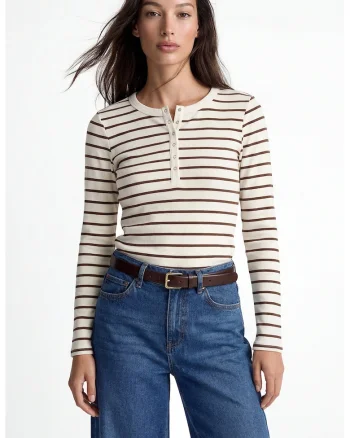 Bluza slim fit cu model in dungi si fenta cu capse, Bej deschis/Maro pamantiu