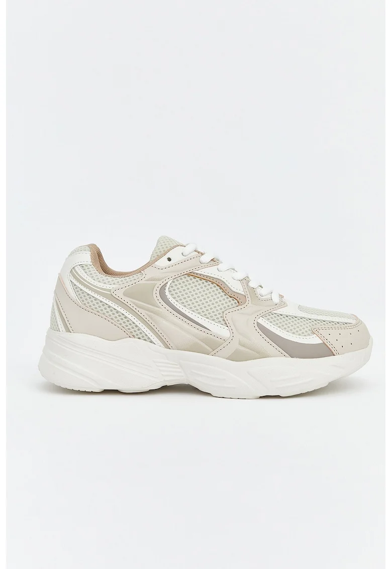 Pantofi sport de piele ecologica cu insertii din plasa, Gri deschis/Alb murdar