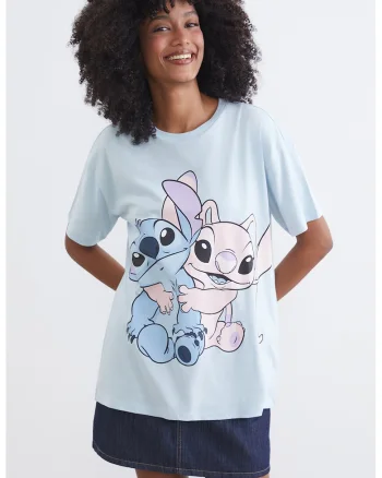 Tricou de bumbac cu imprimeu Stitch&Angle, Albastru pastel/Roz pastel