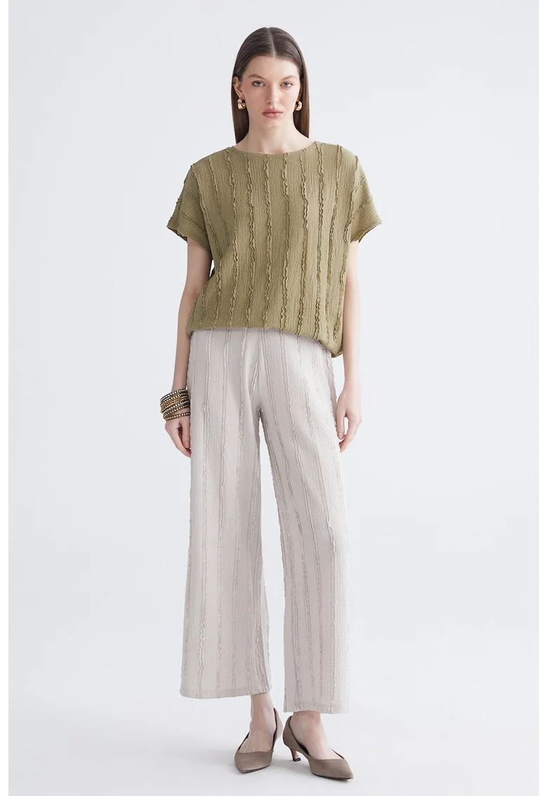 Pantaloni drepti texturati cu croiala ampla, Maro taupe deschis