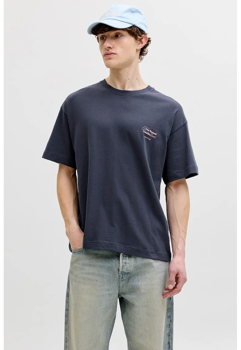 Tricou cu decolteu la baza gatului si imprimeu pe partea din spate, Bleumarin