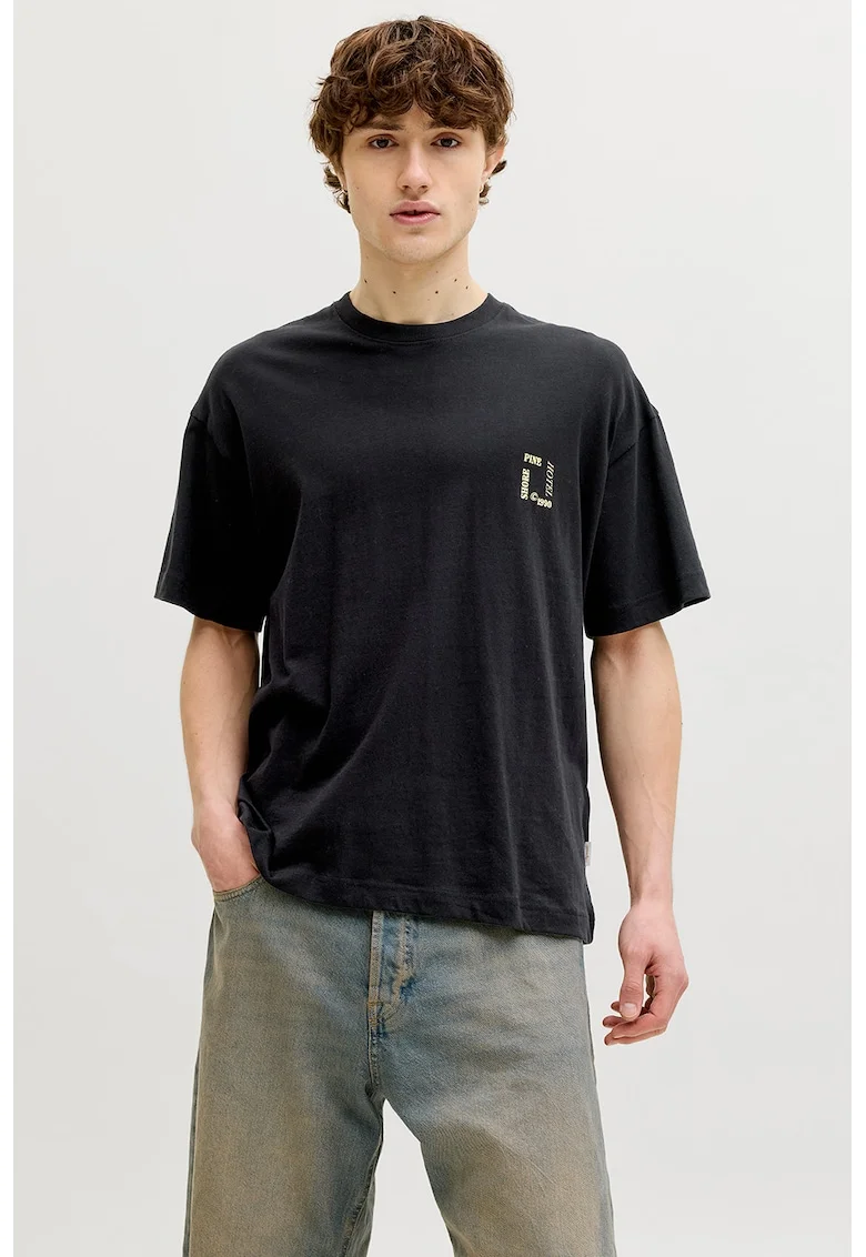Tricou cu decolteu la baza gatului si imprimeu pe partea din spate, Negru