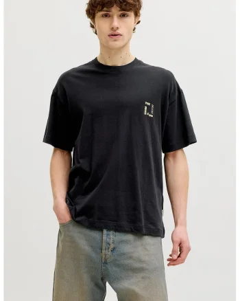 Tricou cu decolteu la baza gatului si imprimeu pe partea din spate, Negru