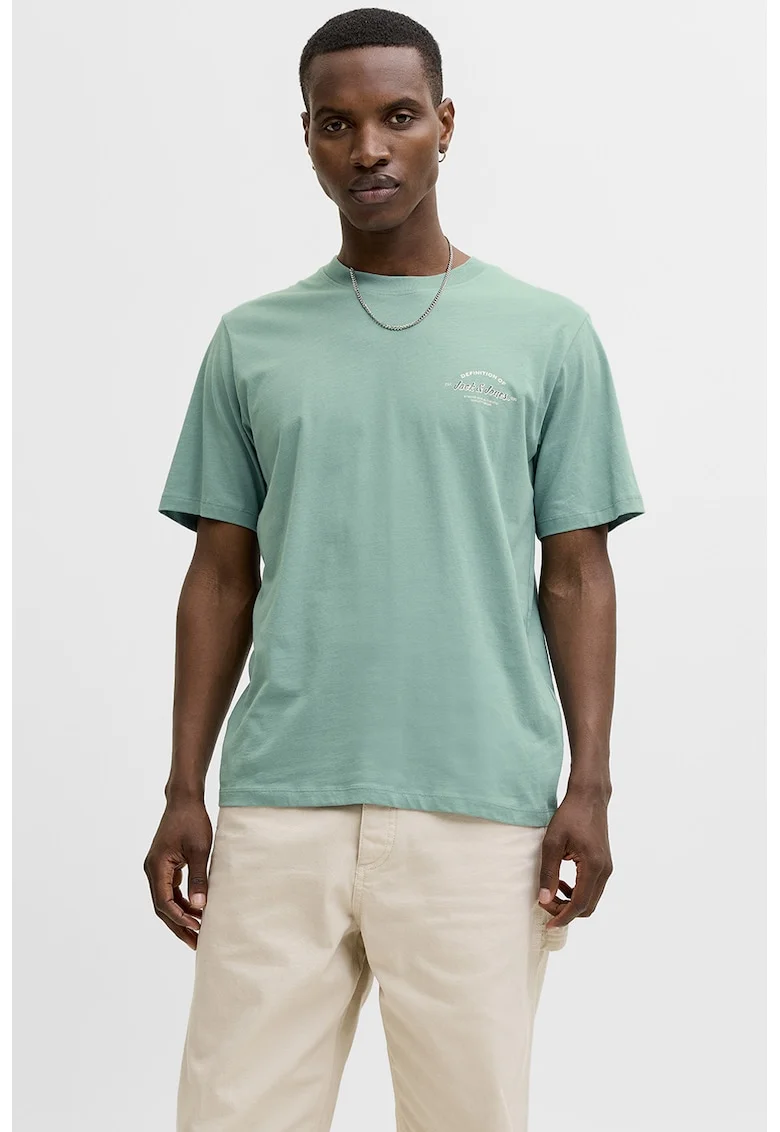 Tricou de bumbac cu decolteu la baza gatului si imprimeu logo discret, Verde deschis