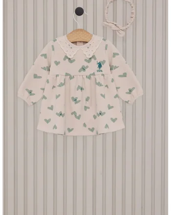 Rochie din amestec de bumbac si imprimeu cu inimi, Verde pal/Crem