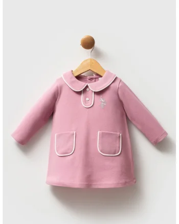 Rochie scurta de bumbac cu maneci lungi, Roz deschis