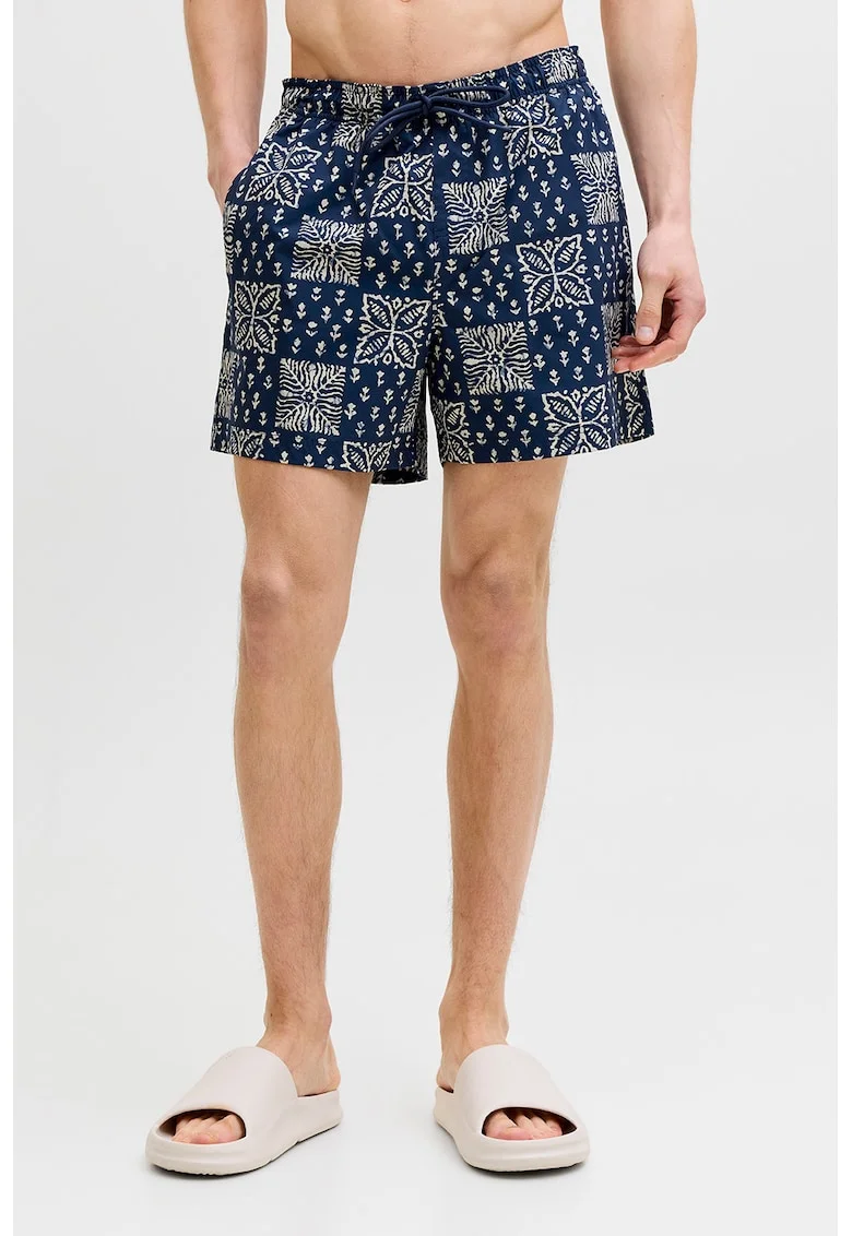 Pantaloni scurti de baie cu imprimeu grafic, Bleumarin