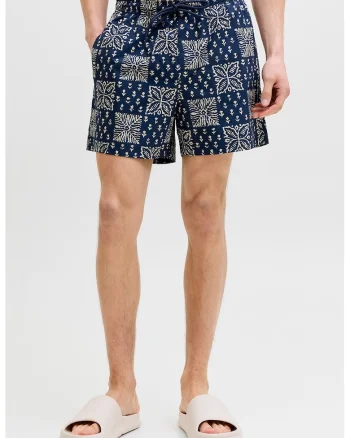 Pantaloni scurti de baie cu imprimeu grafic, Bleumarin