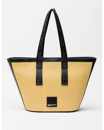 Geanta shopper din rafie cu logo Box, Negru/Bej