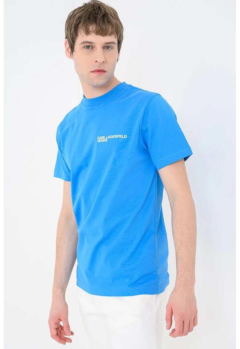 Tricou slim fit de bumbac organic cu imprimeu logo, Albastru deschis