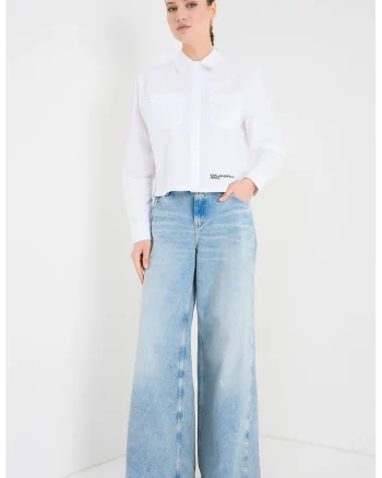 Camasa crop cu buzunare pe piept, Alb