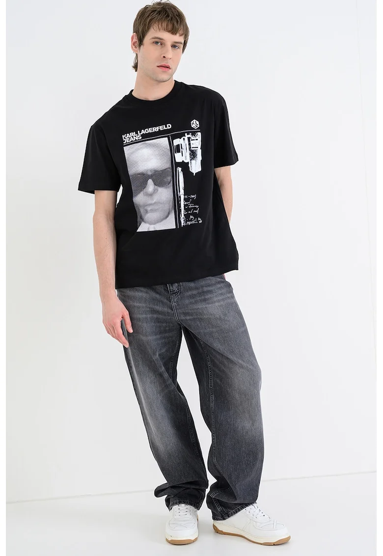 Tricou cu decolteu la baza gatului si imprimeu grafic, Alb/Negru