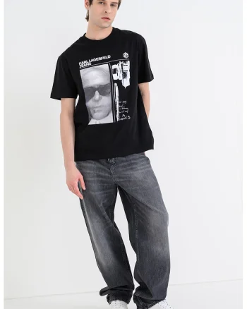 Tricou cu decolteu la baza gatului si imprimeu grafic, Alb/Negru