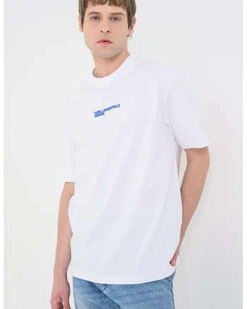 Tricou cu decolteu la baza gatului si imprimeu pe partea din spate, Alb/Albastru royal