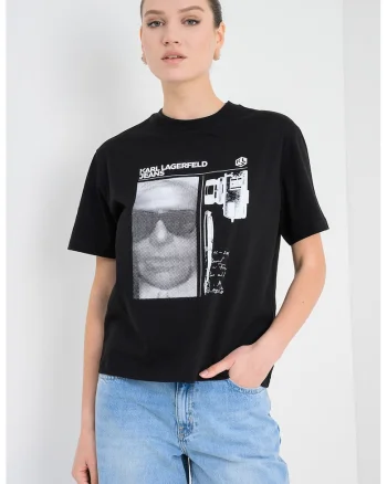 Tricou regular fit din bumbac organic cu imprimeu logo cu fotografie, Alb/Negru