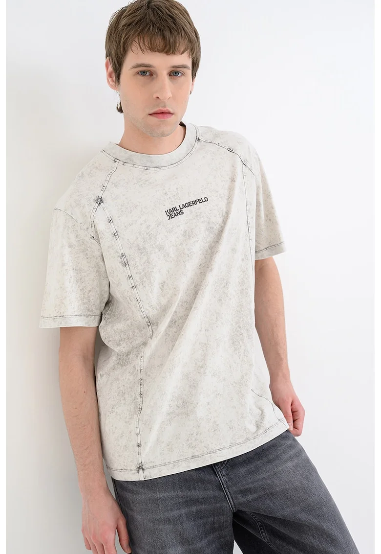 Tricou relaxed fit cu logo, Alb fildes/Gri inchis