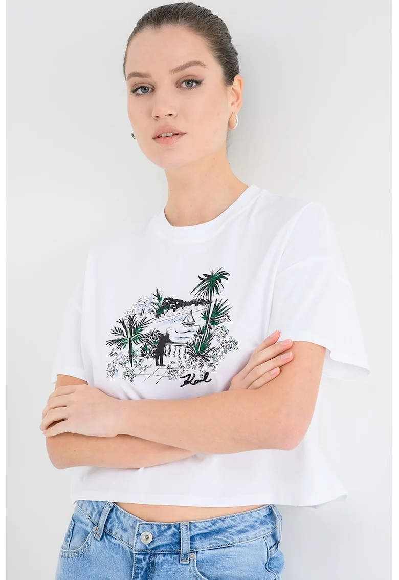 Tricou din bumbac organic boxy fit Villa, Alb/Verde/Negru