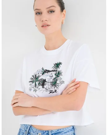 Tricou din bumbac organic boxy fit Villa, Alb/Verde/Negru