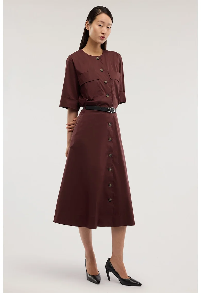 Rochie midi evazata cu nasturi si o curea in talie, Maro cognac