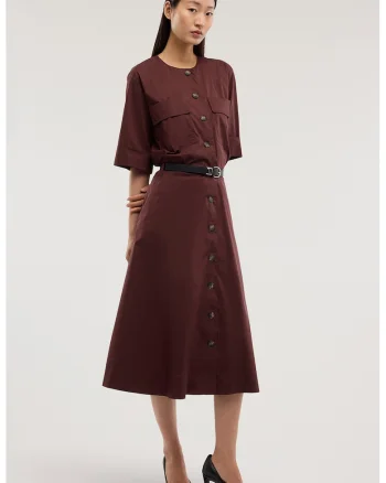 Rochie midi evazata cu nasturi si o curea in talie, Maro cognac