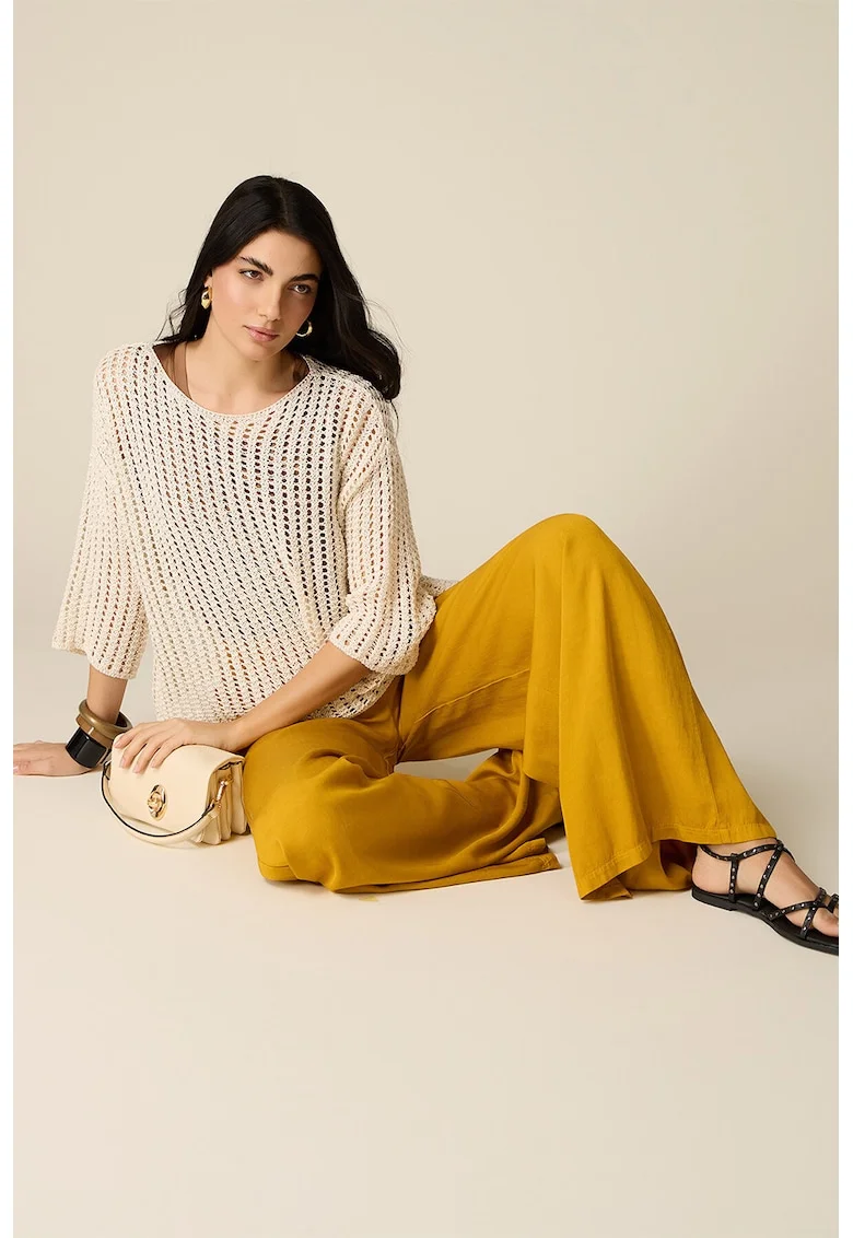 Pantaloni ampli cu talie medie si buzunare, Galben mustar