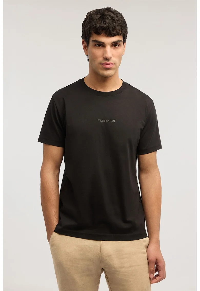 Tricou de bumbac cu decolteu la baza gatului, Negru