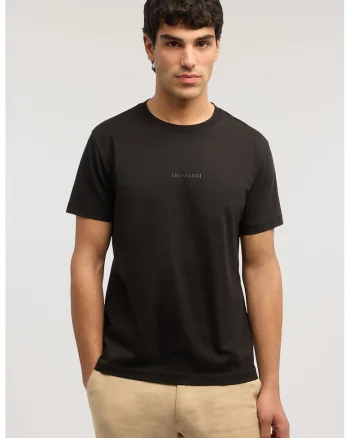 Tricou de bumbac cu decolteu la baza gatului, Negru