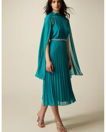 Rochie midi cu pliuri si curea bijuterie, Turcoaz
