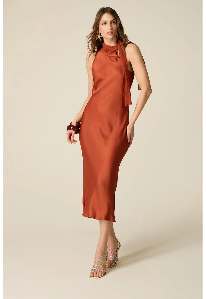 Rochie midi de satin cu decolteu cu funda, Portocaliu stins