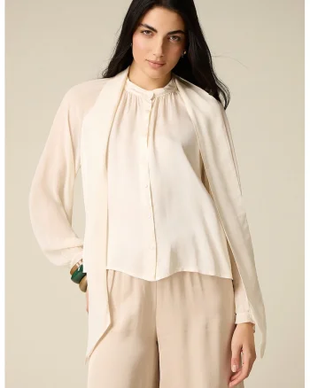 Bluza vaporoasa cu funda din panglici, Crem
