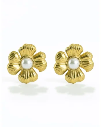 Cercei in forma de floare placati cu aur de 18K, Alb/Auriu