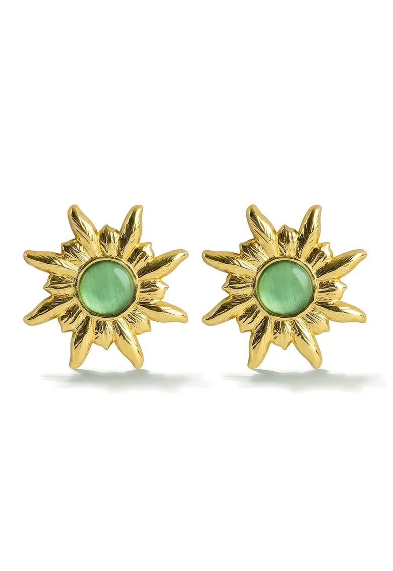 Cercei in forma de soare placati cu aur de 18K, Auriu/Verde fistic