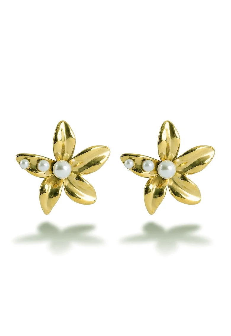 Cercei placati cu aur de 18K, cu design floral, Alb/Auriu