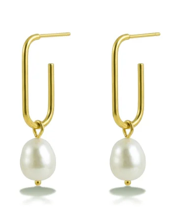 Cercei placati cu aur de 18K si decorati cu perle, Alb/Auriu