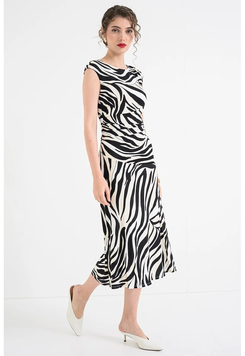 Rochie cu animal print si decupaj triughiular pe partea din spate, Alb/Negru