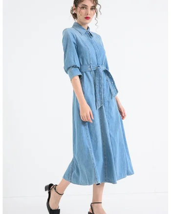 Rochie-camasa de denim cu maneci medii, Albastru pal