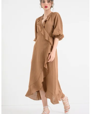 Rochie petrecuta de in cu maneci medii, Maro camel