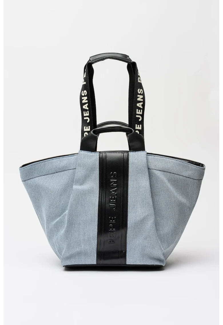 Geanta shopper cu logo in relief Ariadna, Negru/Albastru deschis