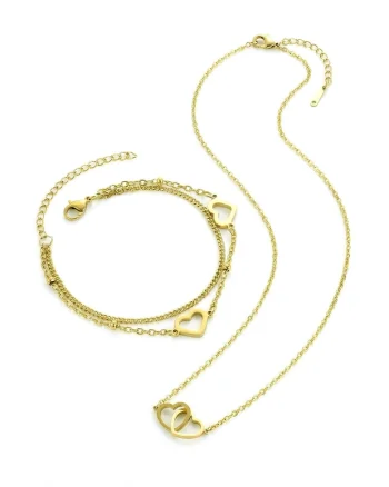 Set de bratara placata cu aur de 18K si colier cu pandantiv inima, Auriu