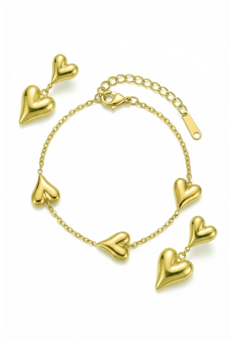 Set de cercei si bratara placat cu aur de 18K si decorat cu pandantive inima, Auriu