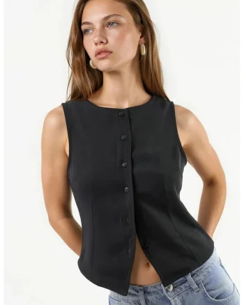 Top fara maneci cu guler rotund si nasturi dama, Negru
