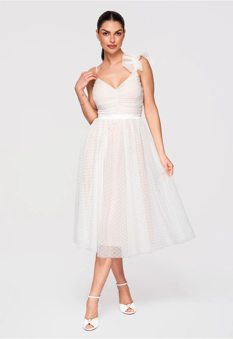 LARICA Rochie Cocktail Midi Evazata cu Aplicatie din Tulle si Decolteu in V, Alb