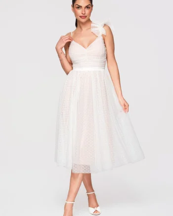 LARICA Rochie Cocktail Midi Evazata cu Aplicatie din Tulle si Decolteu in V, Alb
