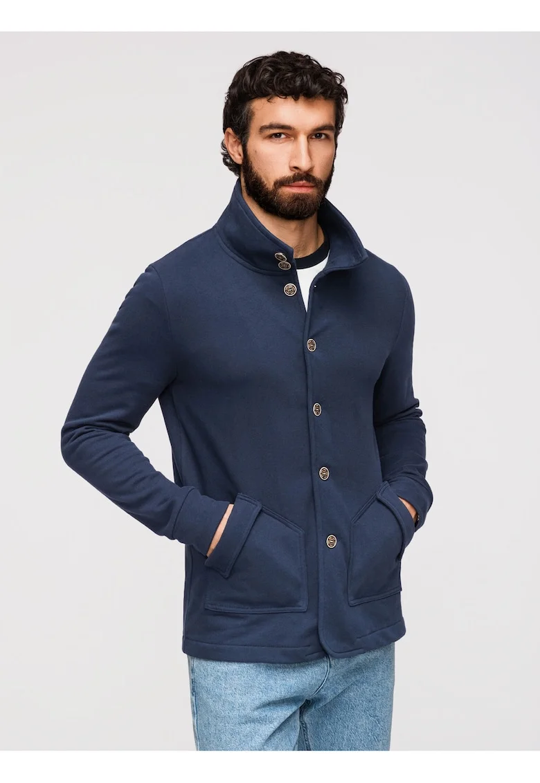 Bluza Barbati Cu Guler Inalt si Inchidere cu Butoni, Bumbac si Poliester, Croiala Regulara, Bleumarin