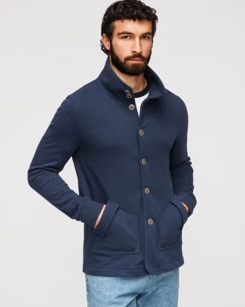 Bluza Barbati Cu Guler Inalt si Inchidere cu Butoni, Bumbac si Poliester, Croiala Regulara, Bleumarin